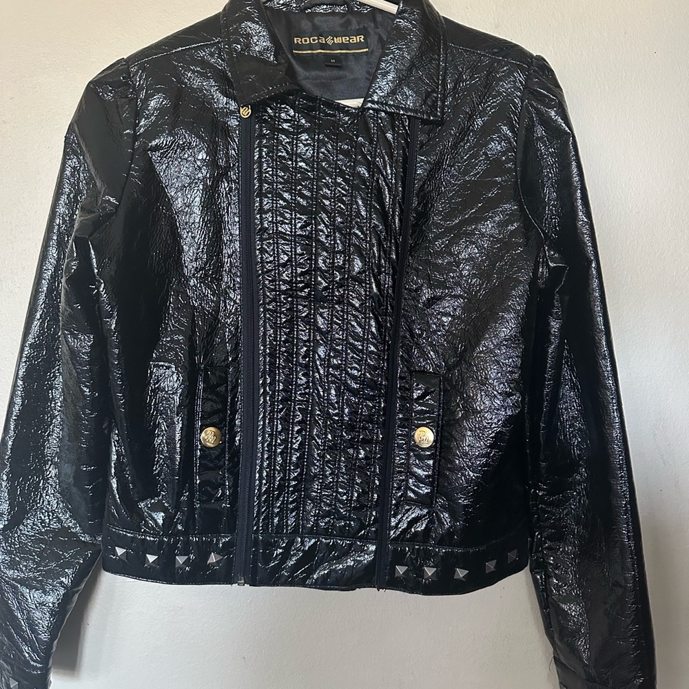 Rocawear Glossy Black Bomber Jacket with Gold Accents